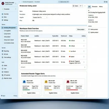 Manufacturing inventory software interface showing stock levels, batch tracking, and automated reorder alerts
