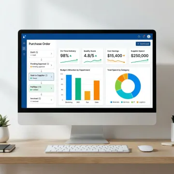 AI-powered procurement software dashboard showing purchase orders, supplier tracking, and budget analytics