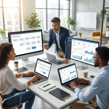 Operations team reviewing a custom procurement system build process on laptops in a modern office