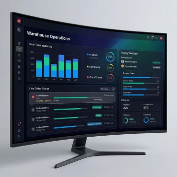 Custom warehouse optimization software dashboard showing real-time inventory and order tracking