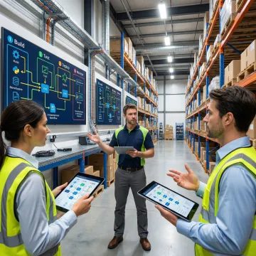 Warehouse operations team reviewing custom software workflow on tablets and screens