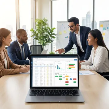 Operations team reviewing vendor performance workflow on a laptop in a modern office