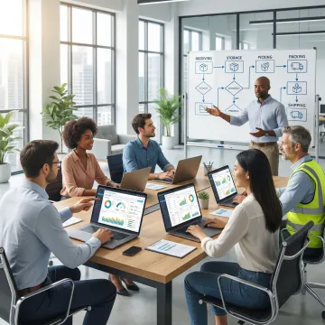 Software implementation team working with warehouse operators at a desk reviewing system configuration