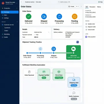 Order management dashboard showing automated fulfillment workflows and shipment tracking