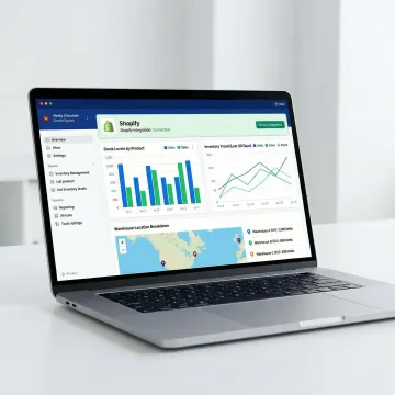 Inventory management software interface showing Shopify stock synchronization and multi-location tracking