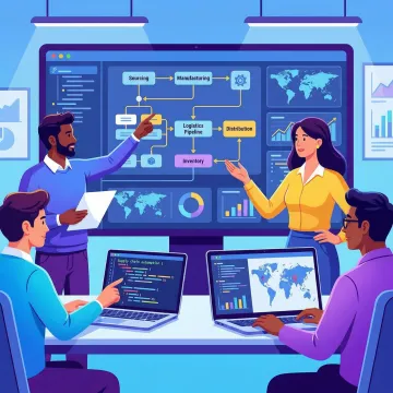 Development team collaborating on custom supply chain software architecture and workflow design