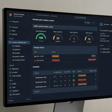 Real-time inventory management dashboard showing stock levels across multiple warehouse locations