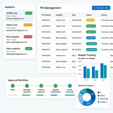 Purchase order management software dashboard showing PO status, supplier details, and approval workflows