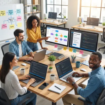 Development team collaborating on a custom procurement system build using a code-first platform