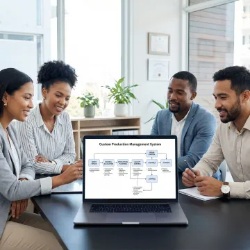 Operations team reviewing a production management system implementation process on a laptop