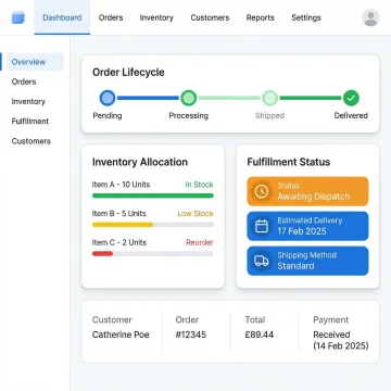 Custom order management software interface showing order lifecycle tracking and workflow automation