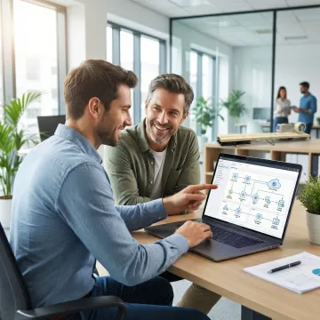 Developer and operations manager collaborating on asset tracking system implementation at a laptop