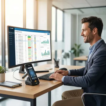 Reseller using inventory management software dashboard to track stock across multiple channels