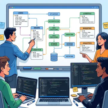 Development team working through a custom software build process on whiteboards and laptops