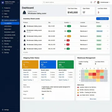 Custom inventory and shipping software dashboard showing real-time stock levels and order fulfilment status