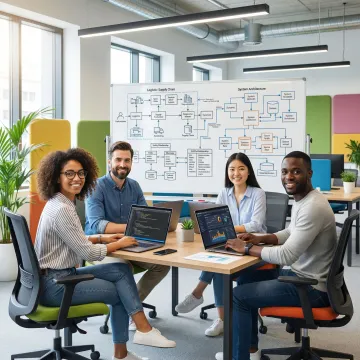 Software development team building a custom logistics platform on laptops