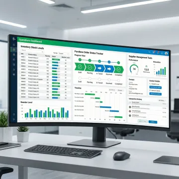 Custom purchasing and inventory software dashboard showing real-time stock levels and purchase orders