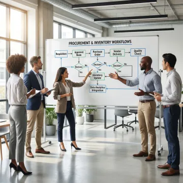 Operations team reviewing a custom inventory software implementation plan on a whiteboard