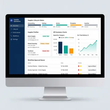 Supplier lifecycle management portal dashboard showing supplier records, performance KPIs, and approval workflows