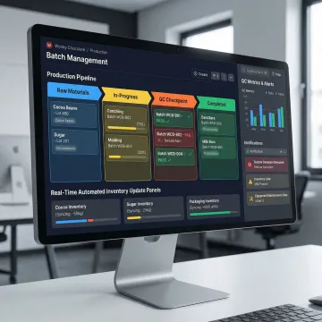 Custom manufacturing workflow software interface showing production stages and automated processes