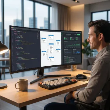 Developer working on a full stack application using a code-first platform with multiple API endpoints visible