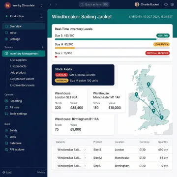 Custom inventory management software dashboard showing real-time stock levels across multiple UK warehouse locations
