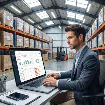 Operations manager reviewing custom inventory management software on a laptop in a UK warehouse