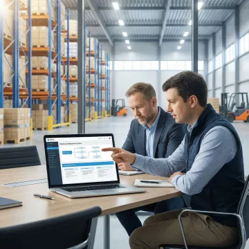 Operations team reviewing a custom WMS implementation workflow on a laptop in a warehouse setting
