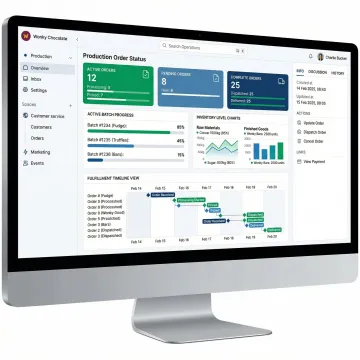 Custom manufacturing software dashboard displaying production orders, inventory levels, and batch status in real time