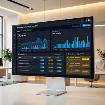 AI-powered retail inventory optimization dashboard showing real-time stock levels and automated reorder alerts