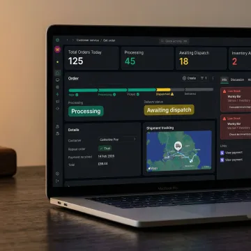 Custom fulfillment operations dashboard showing real-time order tracking, inventory levels, and carrier status on a computer screen