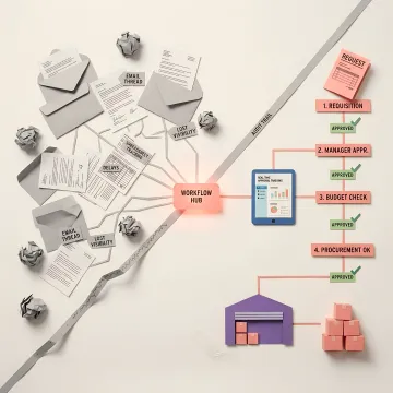 Operations manager reviewing a purchase requisition approval workflow on a laptop screen