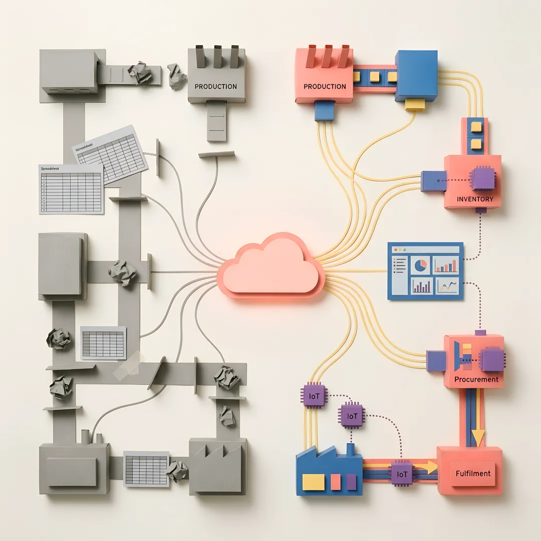 Cloud manufacturing software dashboard showing production schedules and inventory levels