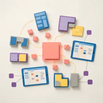 Custom software product development team reviewing a system architecture diagram on a large monitor