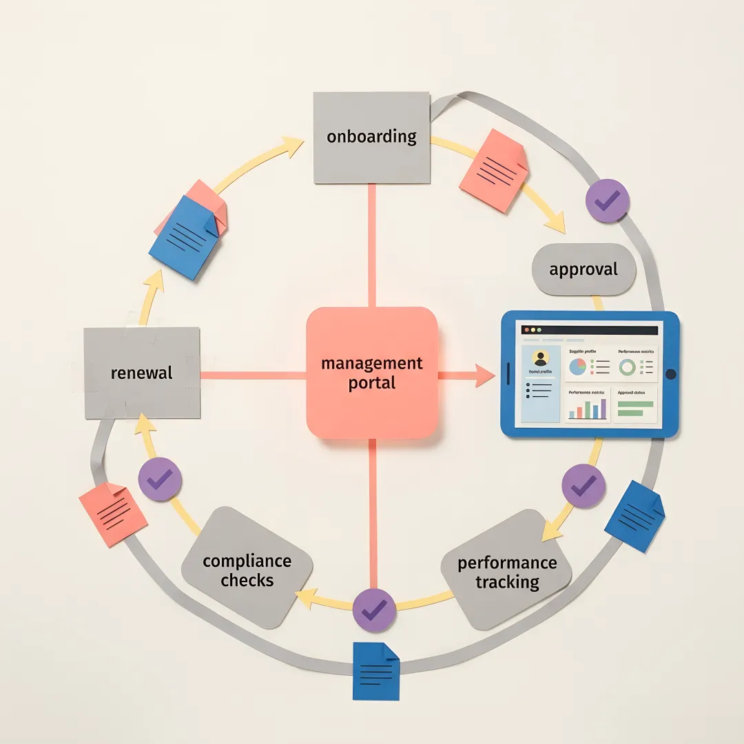 Supplier lifecycle management portal dashboard showing supplier records, performance KPIs, and approval workflows