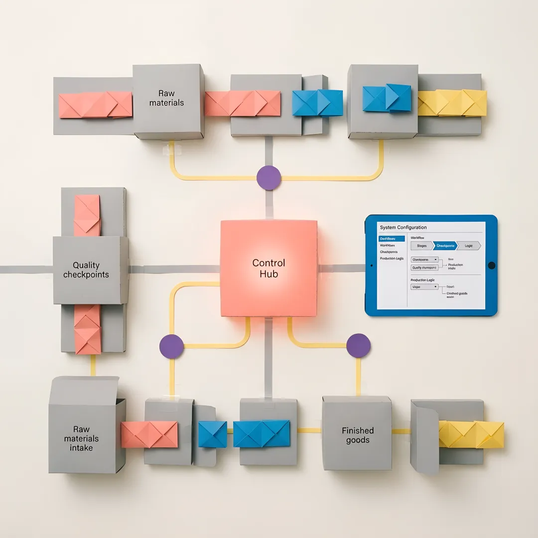 Production management system dashboard showing batch scheduling and workflow tracking on a monitor