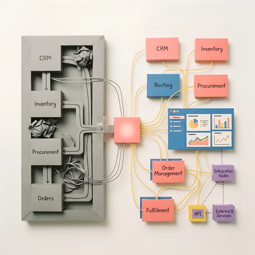 Enterprise software developers collaborating on a custom operations platform dashboard