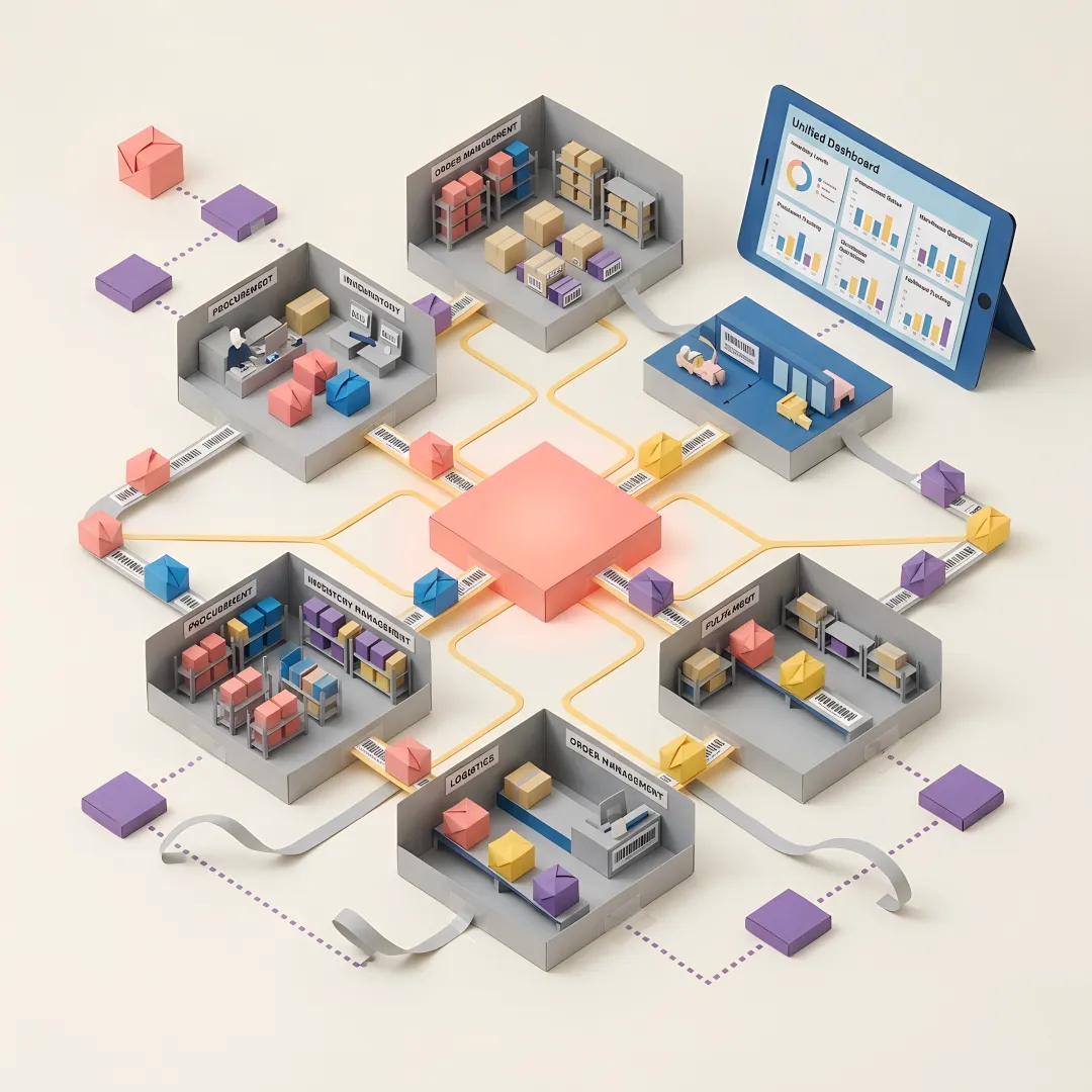 Custom supply chain software dashboard showing real-time inventory and order tracking