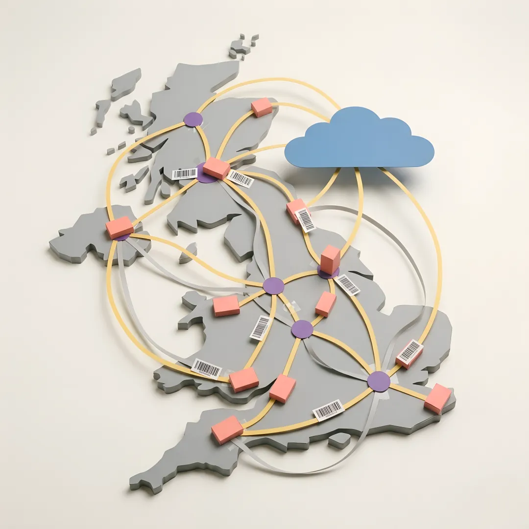 Cloud-based stock management software dashboard showing real-time inventory levels across multiple UK warehouse locations