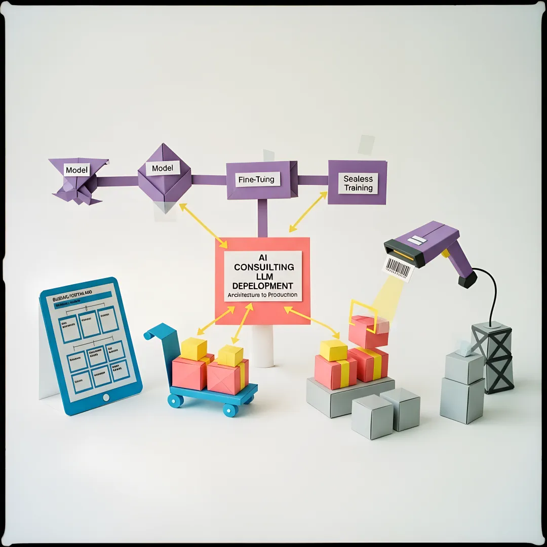 Software engineers reviewing an LLM development pipeline and deployment workflow on a whiteboard