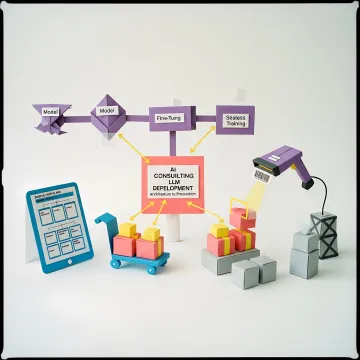 Software engineers reviewing an LLM development pipeline and deployment workflow on a whiteboard