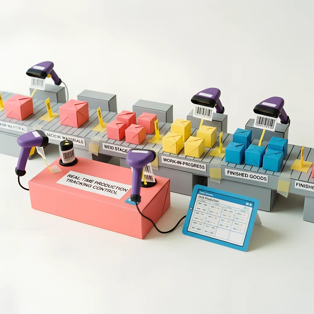 Production tracking software dashboard showing manufacturing batch progress and workflow stages