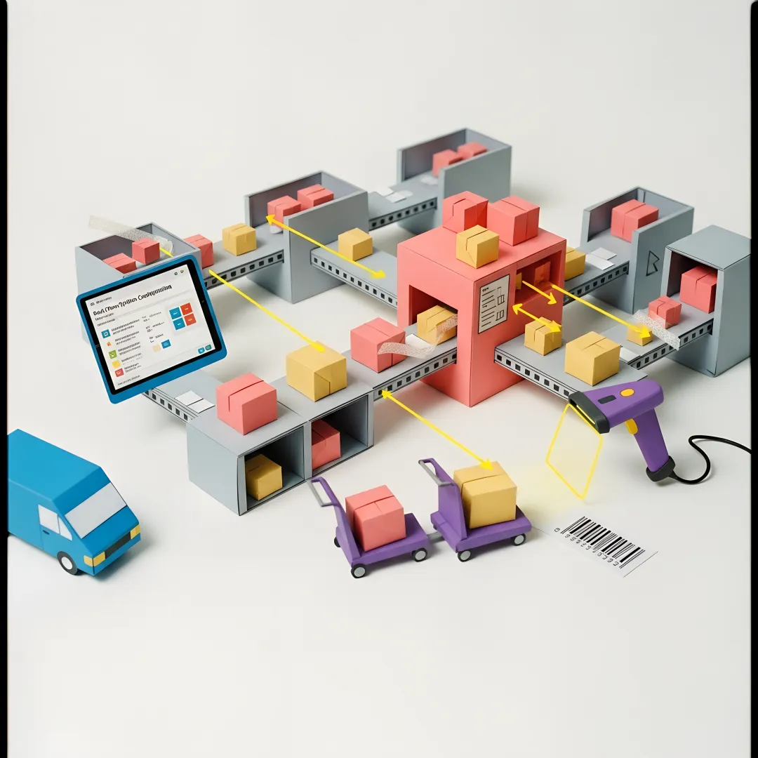 Custom warehouse control system dashboard showing real-time order tracking, inventory levels, and picking workflow management.