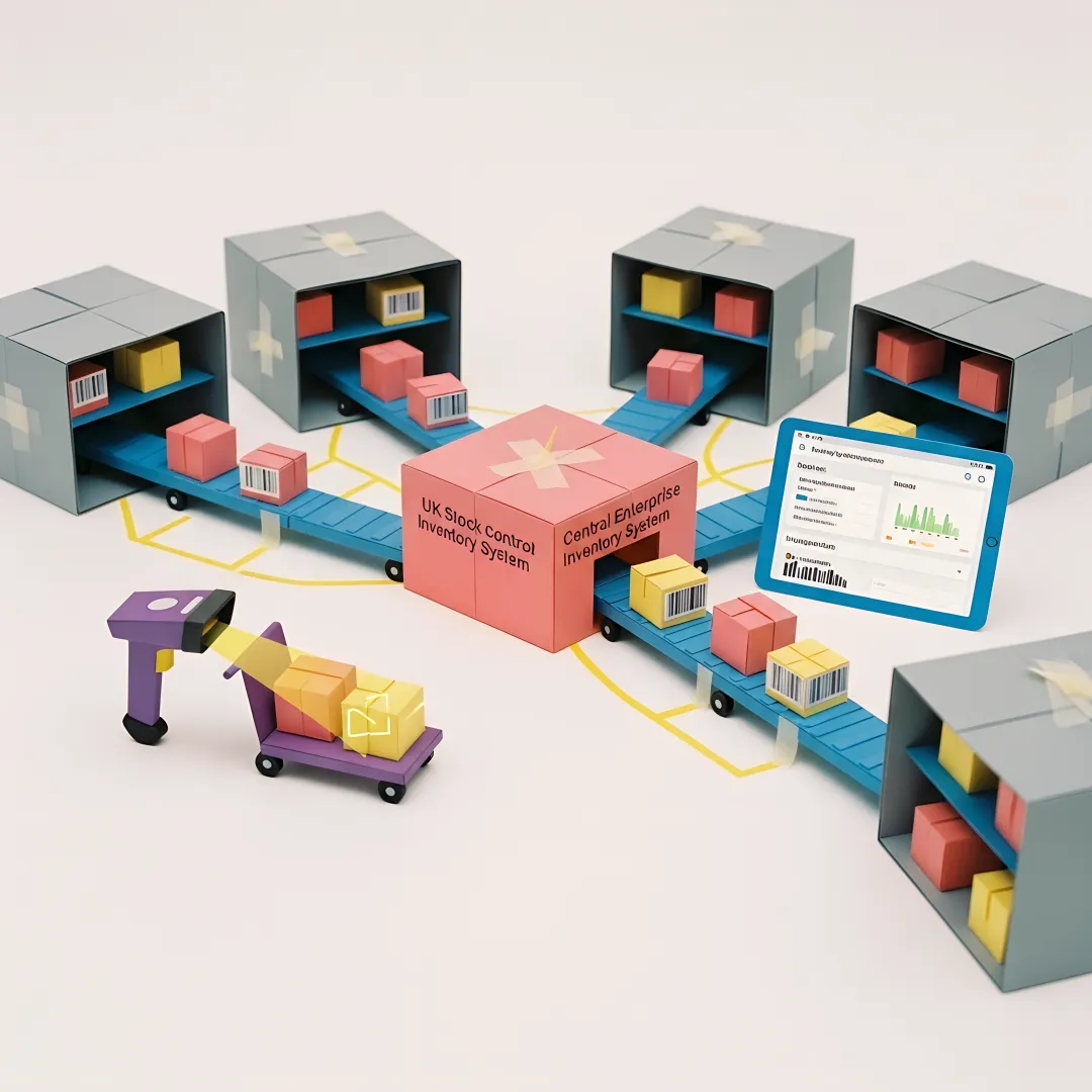 Custom stock control software dashboard showing real-time inventory levels across multiple UK warehouse locations