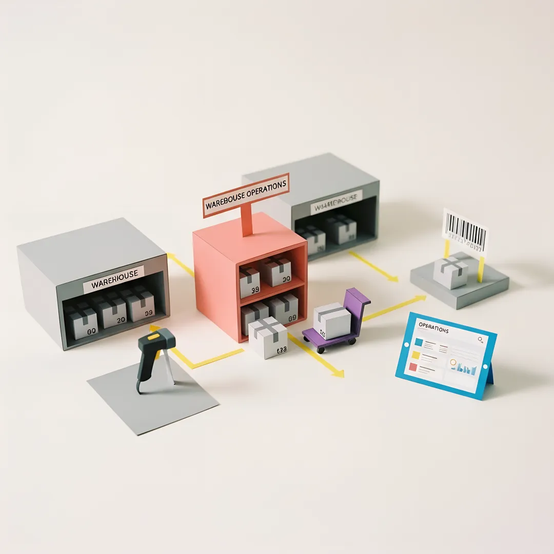 Modern warehouse with organised shelving, barcode scanners, and workers managing inventory on digital devices