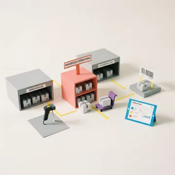 Modern warehouse with organised shelving, barcode scanners, and workers managing inventory on digital devices