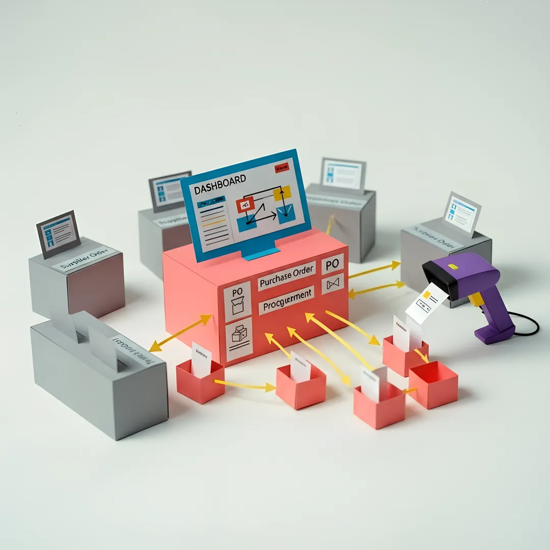 Purchase order management software dashboard showing PO status, supplier details, and approval workflows