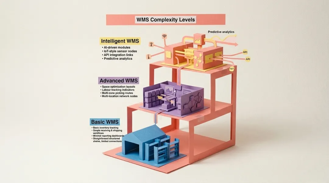 Three-tier WMS complexity comparison basic advanced and intelligent features breakdown