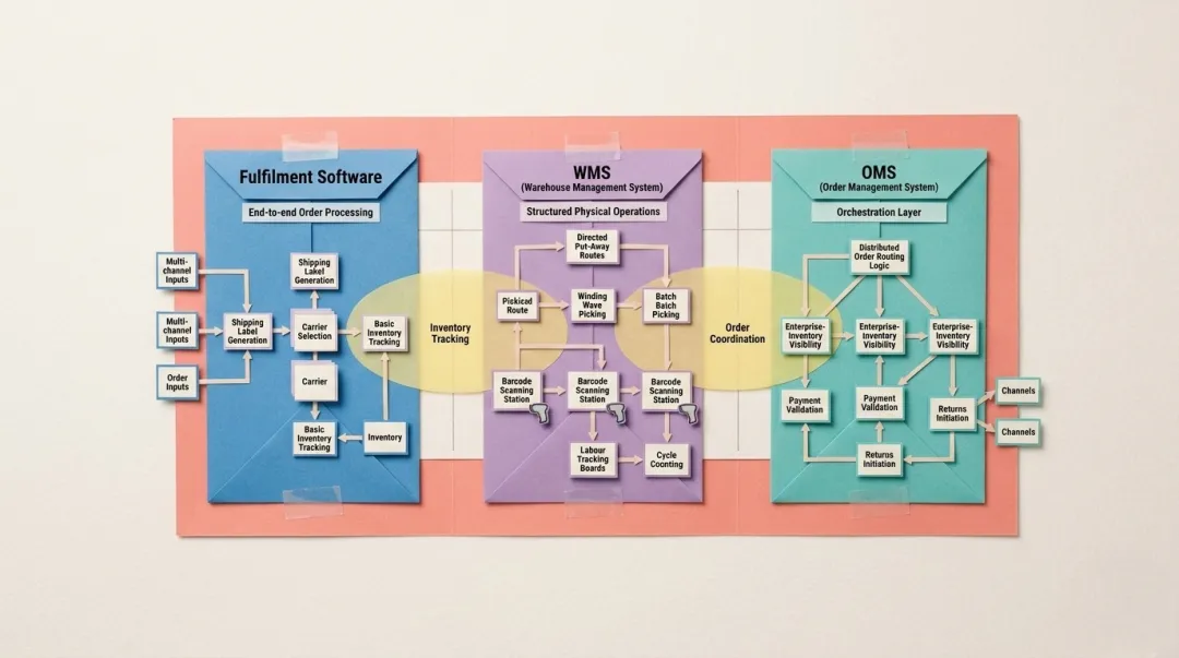 Fulfillment software versus WMS versus OMS three-system comparison infographic