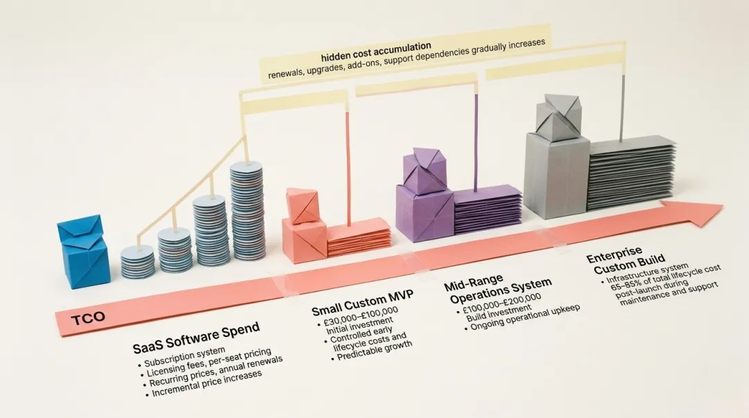 Custom software versus SaaS total cost of ownership comparison table infographic
